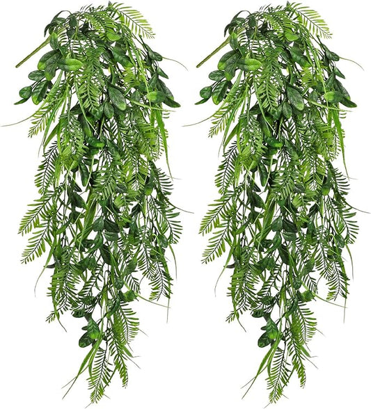 Hollyone 2pcs Artificial Hanging Plant 36" Faux Ferns Artificial Plastic Greenery Ivy Leaves Fake Vines for Wall Farmhouse Living Room Kitchen Shelf Garden Home Patio Indoor Outdoor Decor