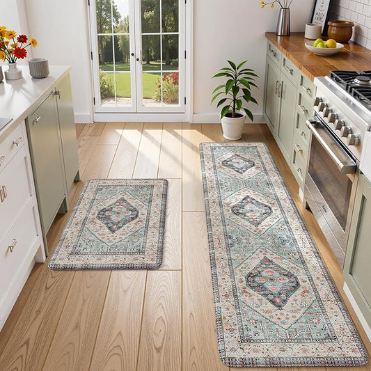 KIMODE Anti Fatigue Kitchen Mats for Floor 2 Piece, Non Slip Cushioned Kitchen Floor Mats, Comfort Memory Foam Standing Desk Mats for Laundry Office Sink Blue 20"x71"+20"x32"