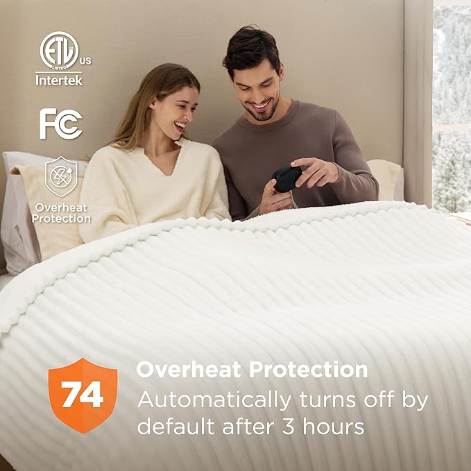 Bedsure Electric Blanket Queen Size - Thick Striped Flannel Electric Blanket with Dual Control, Heating with 10 Heat Settings & 10 Time Settings, 8 hrs Timer Auto Shut Off (84x90 inches, White)