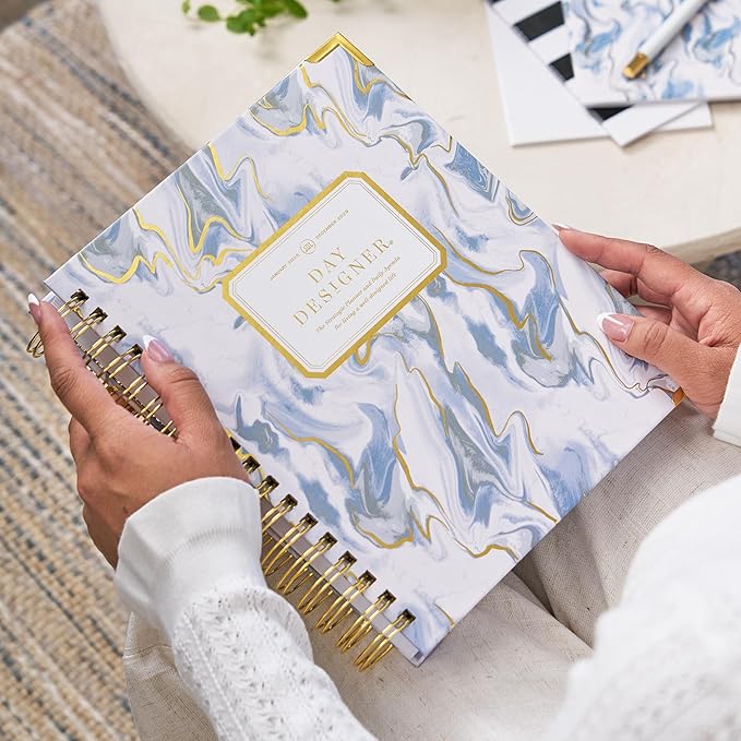 Day Designer 2025-2026 Daily Planner – Premium Planner for Stylish Organization. Combines Monthly Calendar, Hourly Schedule, To-Do List, Gratitude, Goal Setting, Inspirational Quotes, Stickers & More. Elegant laminated Cover with Gold Accents (Azure)