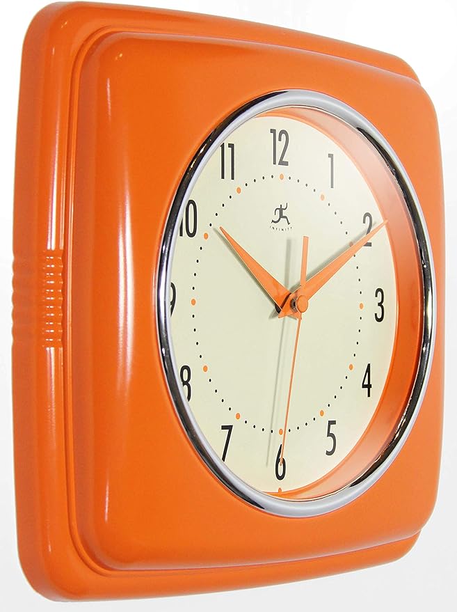 Infinity Instruments Retro – 9 Inch Square Silent Non-Ticking Mid Century Modern – Kitchen, School, Classroom – Vintage Decorative – Orange