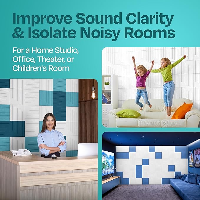 Acoustic Panels 12-Pack Soundproof Wall Panels 12"x12"x0.4" Decorative Sound Dampening for your Home, Office, Studio, Bedroom & More with Unique LineWave Carving [White]