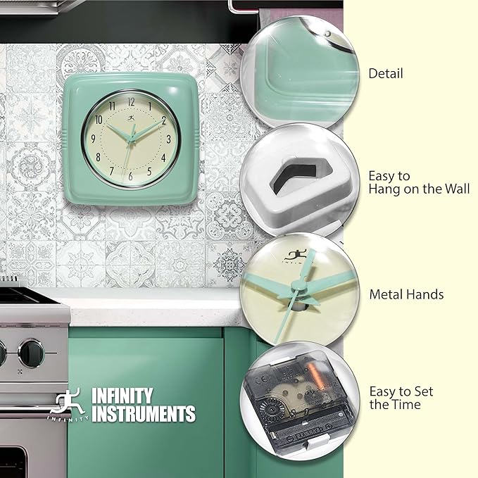 Infinity Instruments Square Retro Wall Clock, Pastel Green, 9.25"