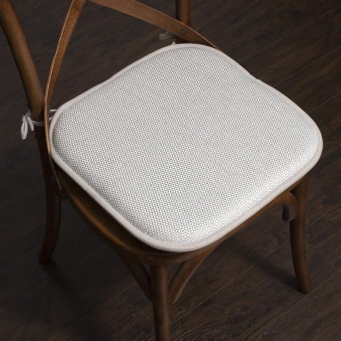 Sweet Home Collection Chair Cushion Memory Foam Pads with Ties Honeycomb Pattern Slip Non Skid Rubber Back Rounded Square 16" x 16" Seat Cover, 6 Pack, Cameron Silver White (Chair Pads with Ties)