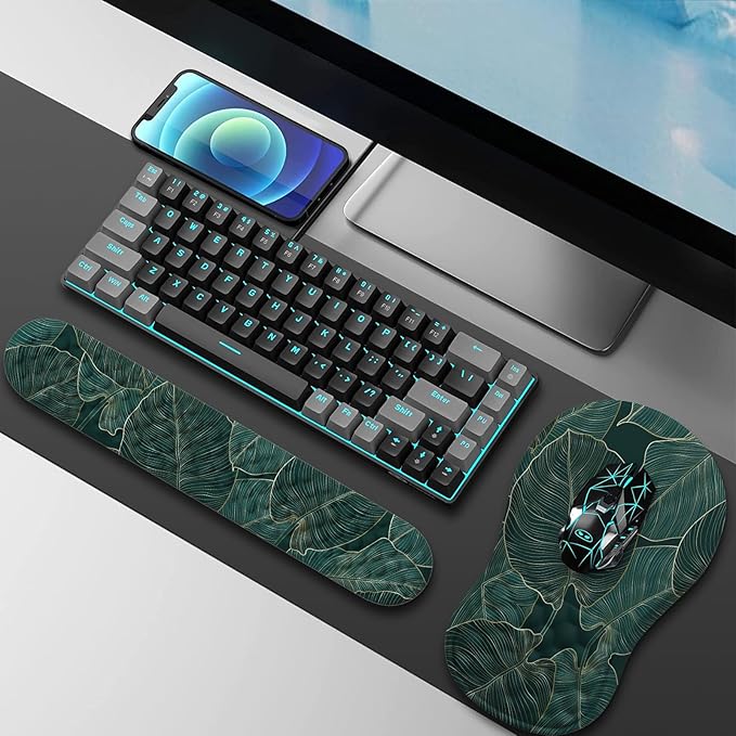 HAOCOO Ergonomic Mouse Pad with Wrist Rest and Keyboard Wrist Rest, 3 PCS Computer Carpal Tunnel Mouse Pads Set for Desk with Coaster, Memory Foam Mousepad Support for Office Laptop, Green Palm Leaves