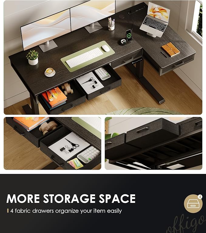 OffiGo 63 Inch L Shaped Electric Standing Desk with Drawers, Height Adjustable Large Desk with Power Outlets, Sit Stand Table, Writing Computer Desk for Home, Office, Workstation, Black