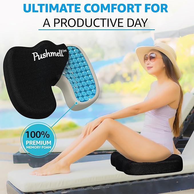 Gel & Memory Foam Seat Cushion for Tailbone & Sciatica Pain Relief – Ergonomic Office Chair & Car Seat Cushion – Chair Cushions for Desk & Home – Includes Bonus Extra Cover