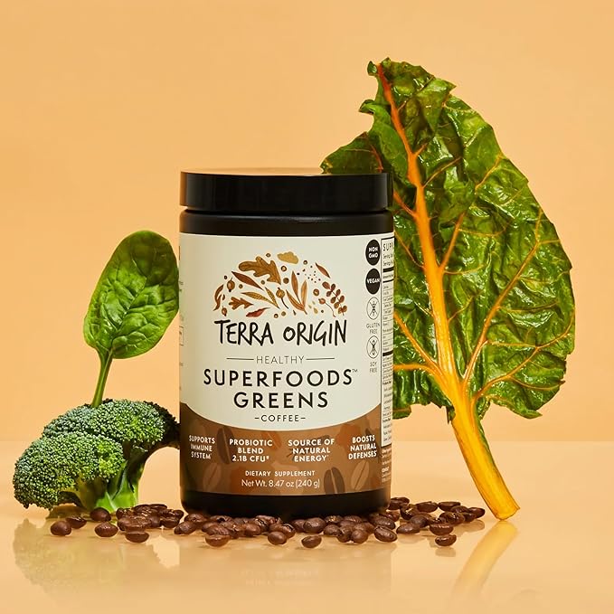 TERRA ORIGIN Superfoods Greens Blend Immune and Digestive Support | Organic Vegetable Supplement with Tumeric, Milk Thistle, Green Tea, Chlorella | Non-GMO, Gluten-Free, Vegan | Coffee | 30 Servings