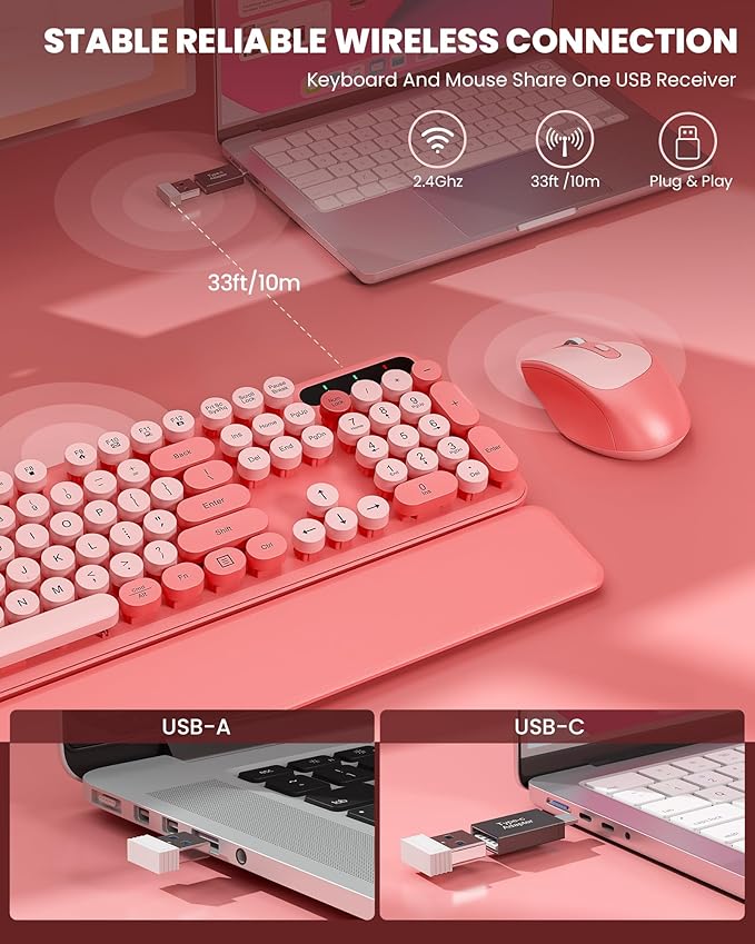 Wireless Keyboard and Mouse - Cute Round Keycaps, Detachable Wrist Rest, Full-Size Retro Typewriter Keyboard with Tilt Legs, 2.4G Wireless Combo for Women, PC, Laptop, Windows - Trueque (Blush Pink)