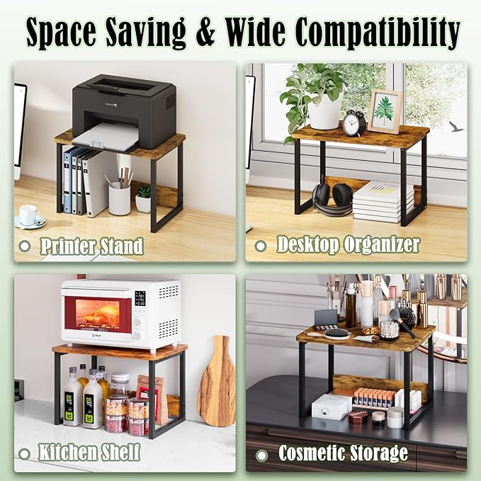 MARTY Desktop Printer Stand 2 Pack Printer Stand with Storage for Desk, Shelf Organzier for Home/Office Printer Riser Under Desk Small Table for Fax Machine Scanner(Rustic Brown)