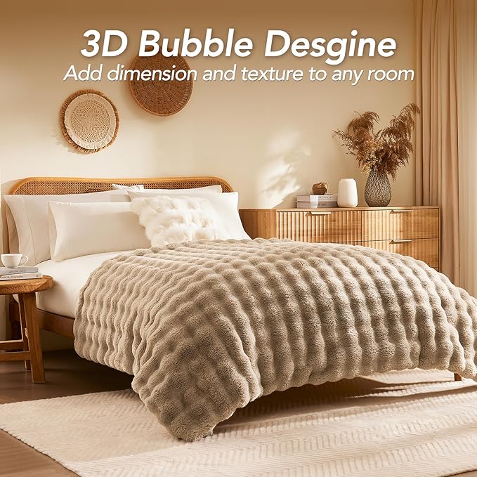 L'AGRATY Faux Fur Throw Blanket: 60" x 80" Luxury Soft Fluffy Rabbit Fur Blankets Twin for Couch Bed Sofa - Cozy Plush Bubble Blankets for Winter: Flannel Fleece Decorative Blanket(Light Linen)