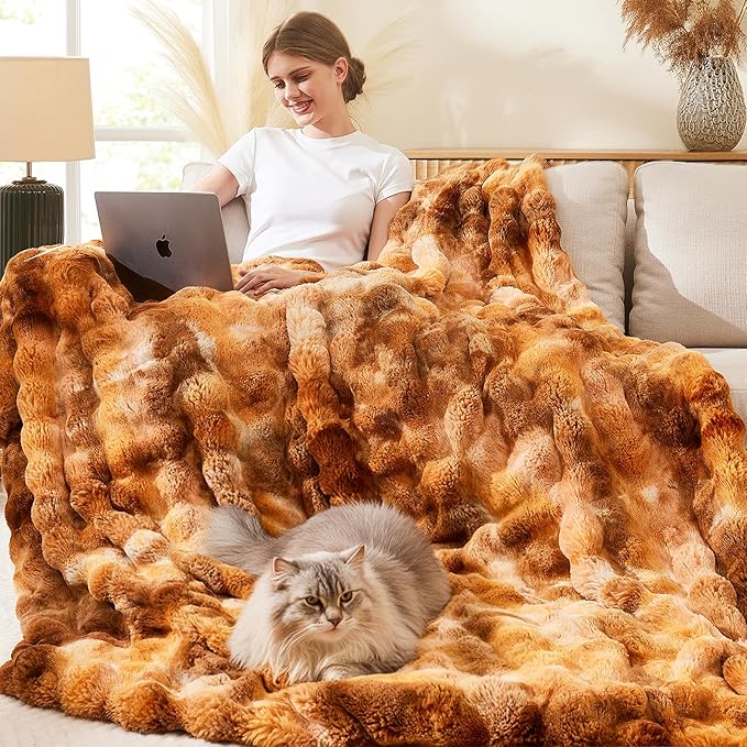 L'AGRATY Faux Fur Throw Blanket: 60" x 80" Luxury Soft Fluffy Thick Rabbit Fur Blankets for Twin Bed Couch - Cozy Plush Bubble Blankets for Home Decor: Warm Flannel Fleece Decorative Blanket