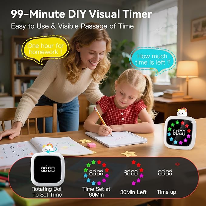 Yunbaoit Digital Visual Timer for Kids, Rechargeable 99-Minute Silent Countdown Timer with 19 Ringtones, 9 Optional DIY Color Star Display, Time Management Tool with Pause Function (Rainbow)