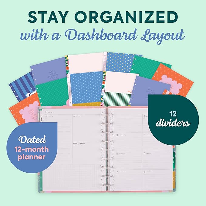 Happy Planner Disc-Bound Planner Jan.–Dec. 2026, Includes 3 Extra Months and 2 Sticker Sheets, Classic Size, 7" x 9.25", Dashboard Layout, Floral Color Beat