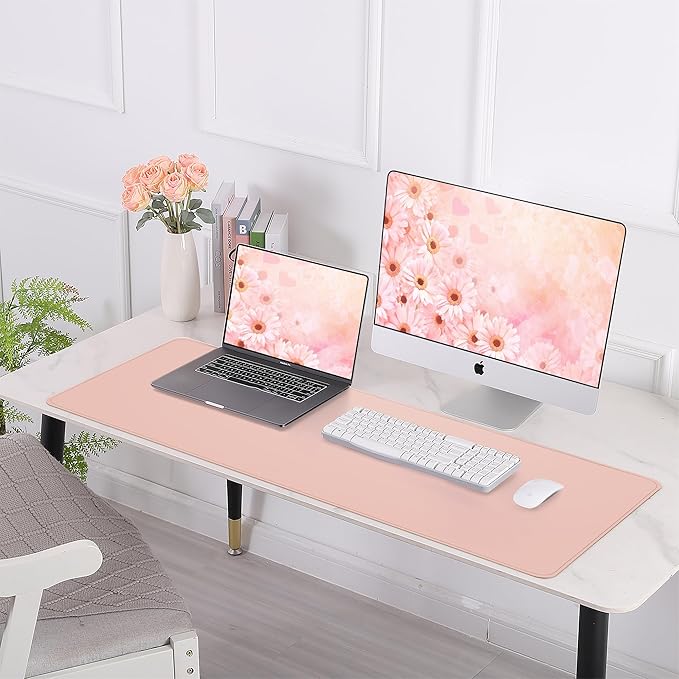 Large Desk Mat -47.2" x 17.5" Leather Desk Pad Protector with Natural Cork & PU Leather, Non-Slip Office Desk Mat, Double-Sided Mouse Pad, Waterproof Large Desk Pad for Office&Home(Pink)