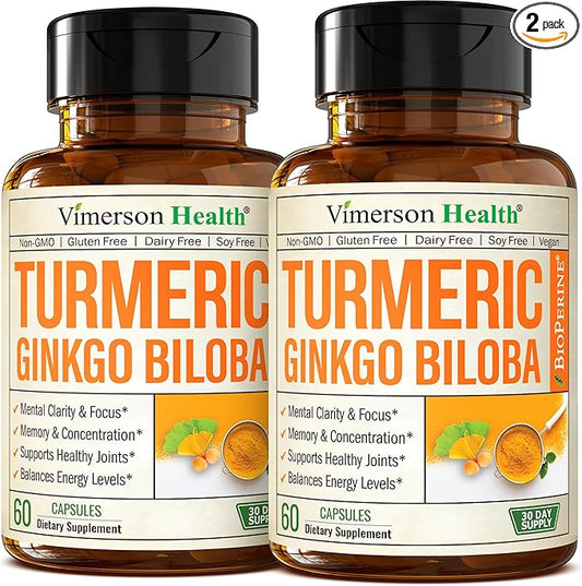 Ginkgo Biloba and Turmeric Curcumin Supplement w/Black Pepper & Organic Tumeric – Natural Turmeric Supplement for Focus, Memory, Joint & Brain Health – Vegan Ginko Biloba Capsules w/Curcuma – 2 Pack