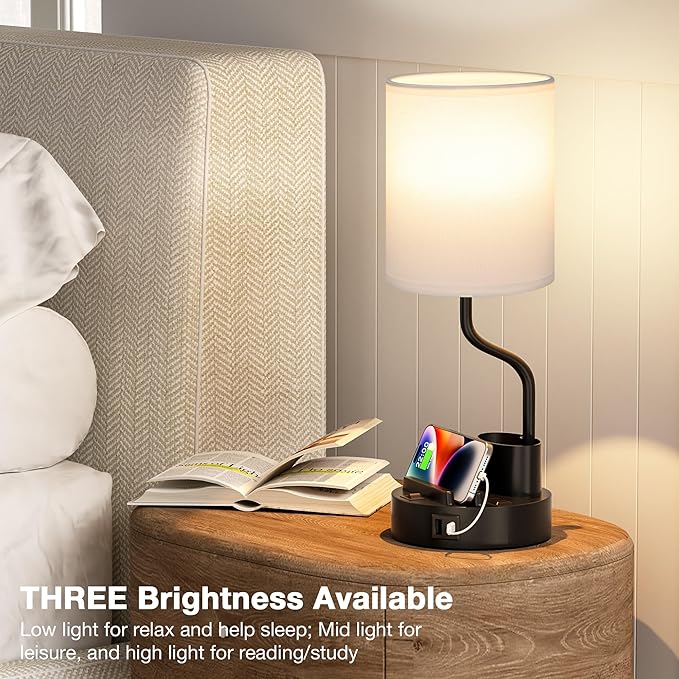 White Bedside Table Lamps for Bedroom Set of 2 - Nightstand Light with AC Outlet and USB A & C for Charging, 3 Color Temperatures Desk Lamp with Pen Holder & Phone Stand for Living Room/Dorm/Office