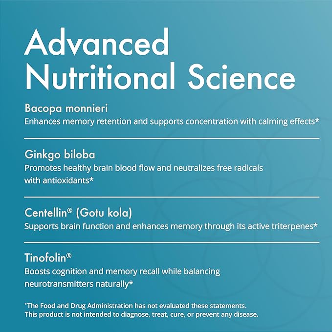 Natura Health Products Vibrant Mind - Nootropic Brain Supplement for Memory and Focus* - Featuring Bacopa, Ginkgo Biloba, Centellin & Phosphatidylserine -Caffeine Free (90 Capsules)