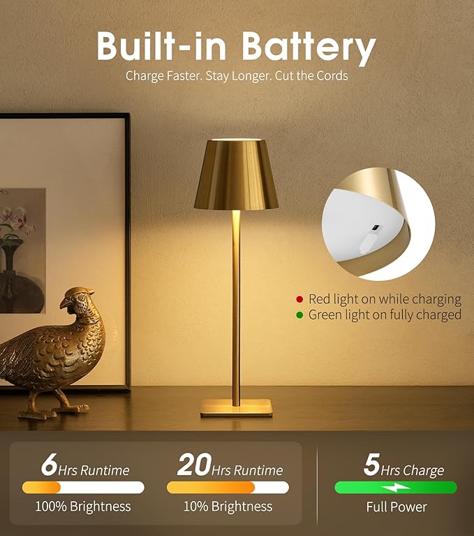 UME 3 Pack Cordless Table Lamp, Battery Operated Lamp - Portable Waterproof Rechargeable Table Lamp w/ 3 Color Temps & Stepless Dimming for Dinner, Desk, Cafe, Outdoor (Brushed Gold)