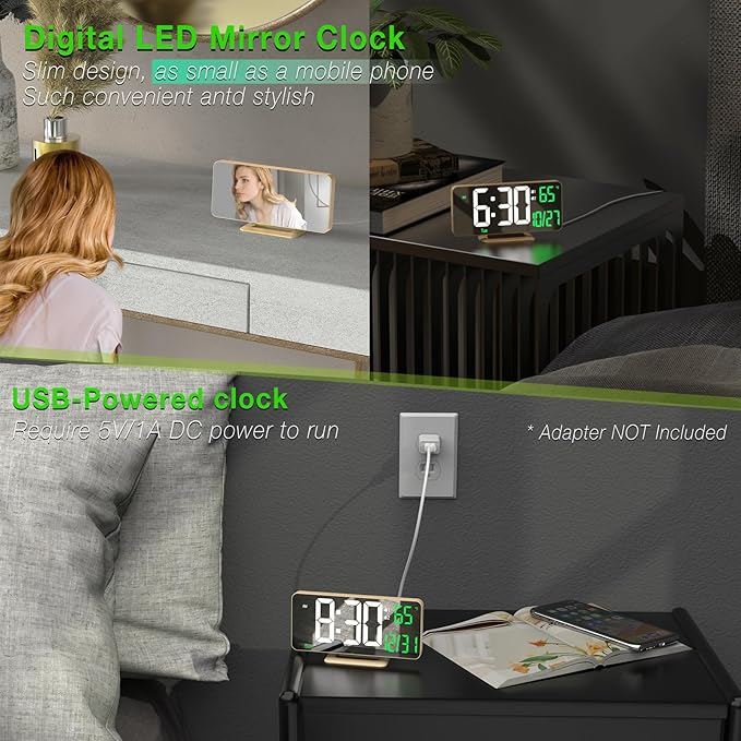 KOSUMOSU Desk Clock for Bedroom Accessories 6.7in Gold Digital Alarm Clock with Dimming,12/24h, Date, Day of Week, Temp, LED Clock, Modern Digital Calendar Clocks for Living Room Essentials