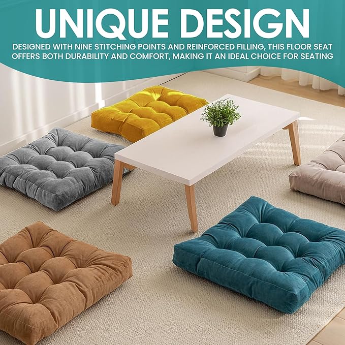 NEST & LOOM Floor Cushions - Floor Chair Pillow, Meditation Cushion, Square Large Floor Pillow, Solid Thick Tufted Floor Pillow - Teal - 21.65" x 21.65"