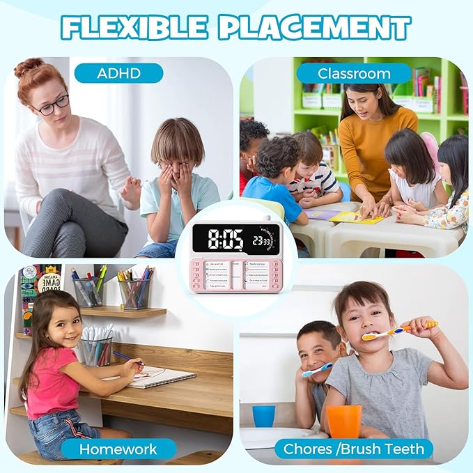 7-in-1 Visual Timer for Kids & Adults with Task Planner – ADHD Time Management Tool with Alarm, Countdown, Calendar, Temperature Display & Storage – Ideal for Home, School (Pink)