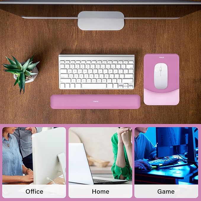 MOSISO Wrist Rest Support for Mouse Pad&Keyboard Set, Rectangular Ergonomic Mousepad Non-Slip Base Home/Office Pain Relief&Easy Typing Pad with Neoprene Cloth&Raised Curved Memory Foam, Rose Red