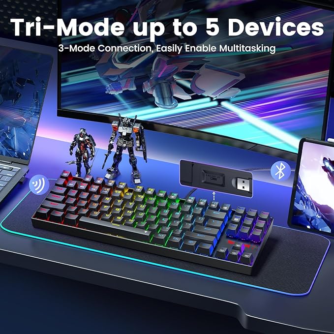 Redragon Wireless Gaming Keyboard, BT/2.4Ghz Tri-Mode Mechanical Keyboard with Aluminum Pannel, Hot-Swap Red Switch, Programmable 87 Keys TKL, LED Rainbow Backlit - K552-KRS