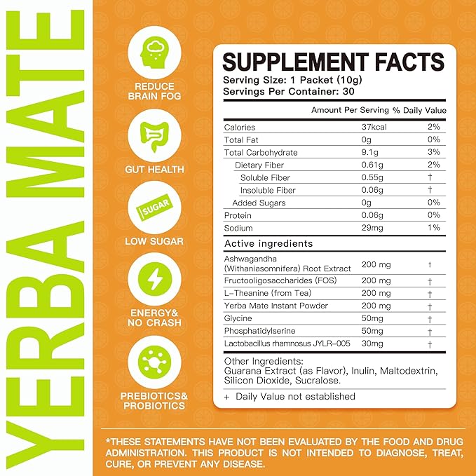 WUEIS Yerba Mate 10000mg Tea Instant Powder,Yerba Magic Powder Single Serve Sticks,Clean Energy,Rich in Prebiotics,Promote Gut Health- Super Yerba,Low Sugar-Natural Caffeine-Orange Flavor-30 Servings