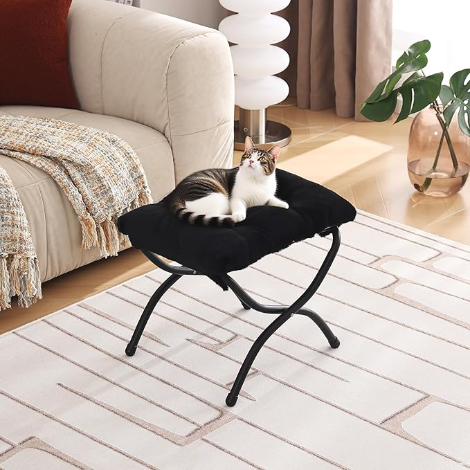 Welnow Folding Foot Stool, Upholstered Small Accent Ottoman with Detachable Thick Cotton Cushion Padded Sofa Stool and Metal Frame for Lazy Chair, Living Room, Bedroom, Plush Black