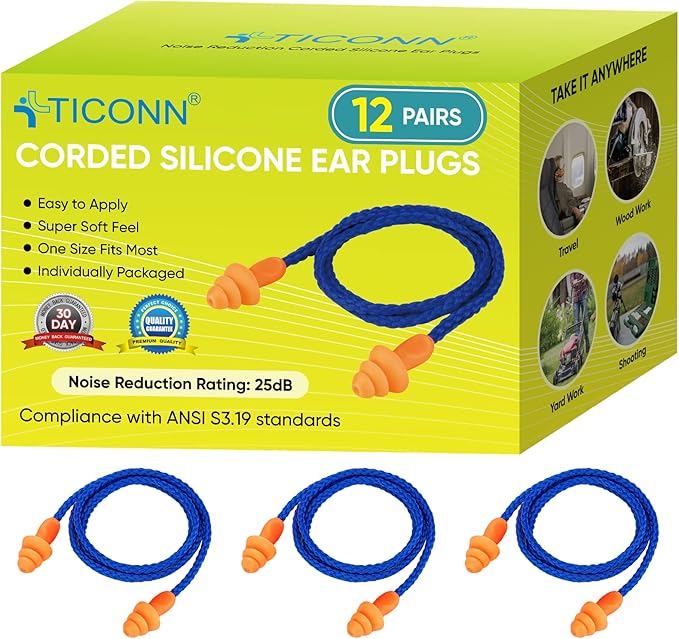 TICONN 12 Pairs Reusable Silicone Ear Plugs for Sleeping Noise Cancelling, 25dB NRR Corded Earplugs for Study Concentration Travel (12 Pairs)