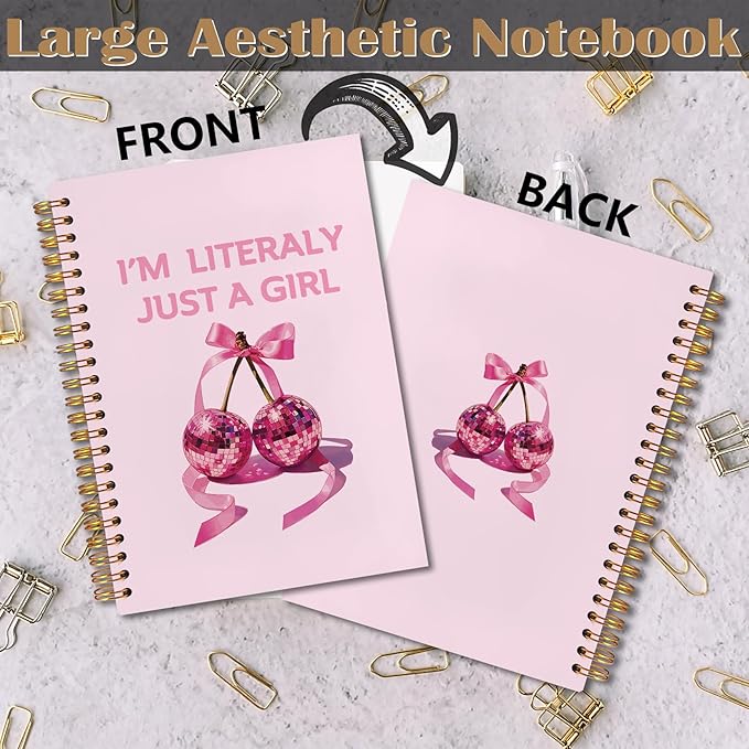 I'm Literally Just a Girl Pink Coquette Cherry Bow Spiral Notebook 5.5x8.3, Preppy Girly Journal for Women, Pink Office Supplies, Aesthetic Notebooks for Note Taking