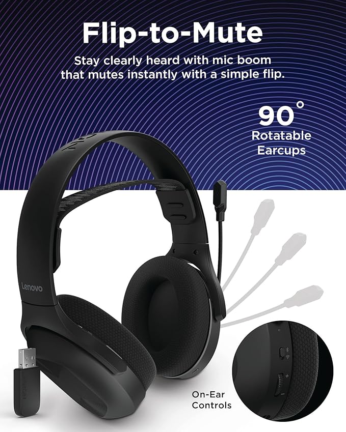 Lenovo Legion H410 Wireless Gaming Headset, Bluetooth or 2.4 GHz USB-A Connection, Lightweight (304 Grams), Adjustable Headband, Flip to Mute Mic, Black