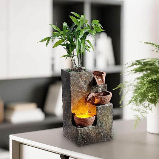 Tabletop Indoor Water Fountain – 3-Tier Rock Waterfall Fountain with Warm LED Light and DIY Planting Pot – Relaxing Small Water Feature for Desk or Home Decor (23061)