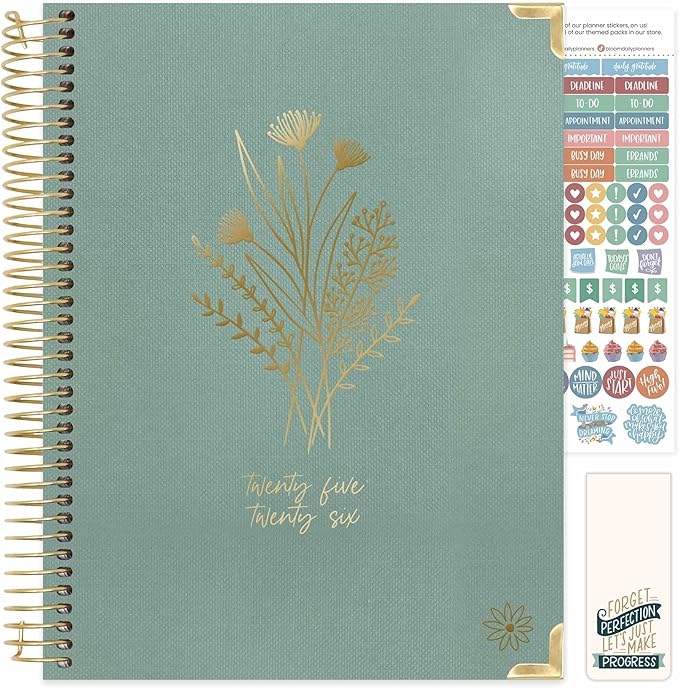 bloom daily planners HARDCOVER 2025-2026 (8.5" x 11") Academic Year Day Planner (July 2025 - July 2026) - Aesthetic Task Goal Organizer - Monthly & Weekly Inspirational Agenda Book - Green Linen