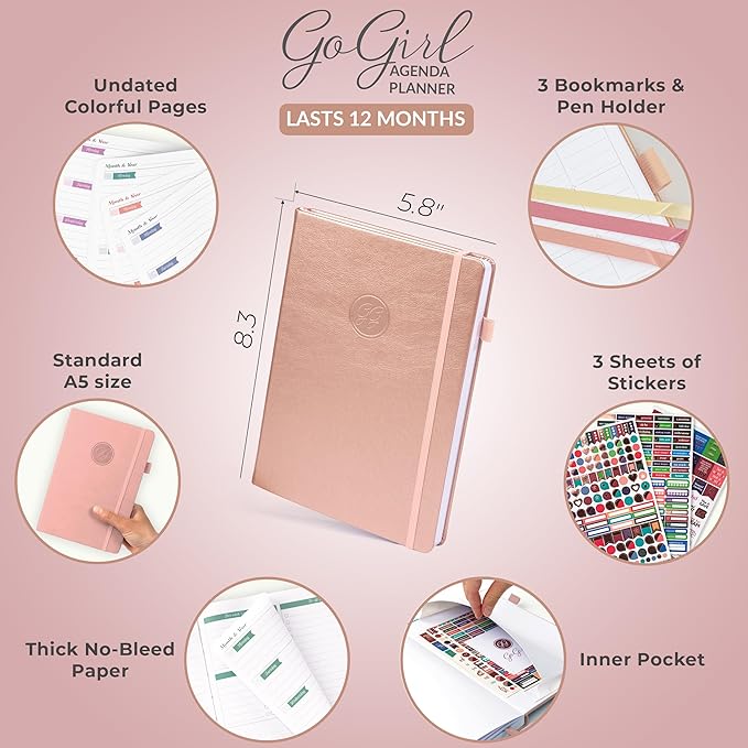 GoGirl Planner Agenda – Colorful Undated Monthly & Weekly Organizer for Women, Journal for Time Management & Productivity (Rose Gold)