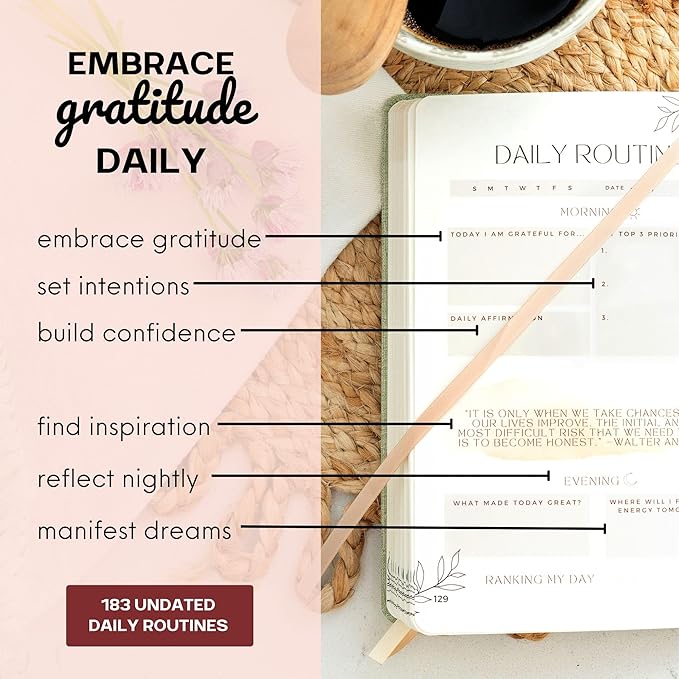 Daily Gratitude Journal for Women (5.7x8.25")- Linen Hardback Daily Women’s Journal - 6 Month Undated Guided Notebook with Prompts -Green Gratitude Diary with Prompts for Women- Personal Organizer