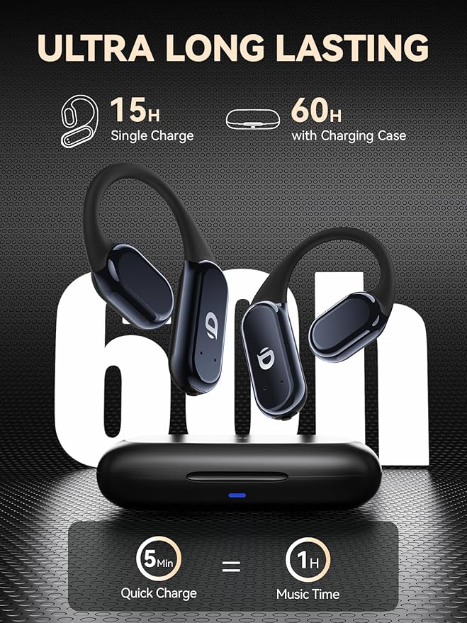 True Wireless Bone Conduction Earphones, OWS Open Ear Headphones with Earhooks, Bluetooth 5.3, Up to 60H Playtime with Case, IP68, AAC/SBC, for Cycling Yoga Workouts