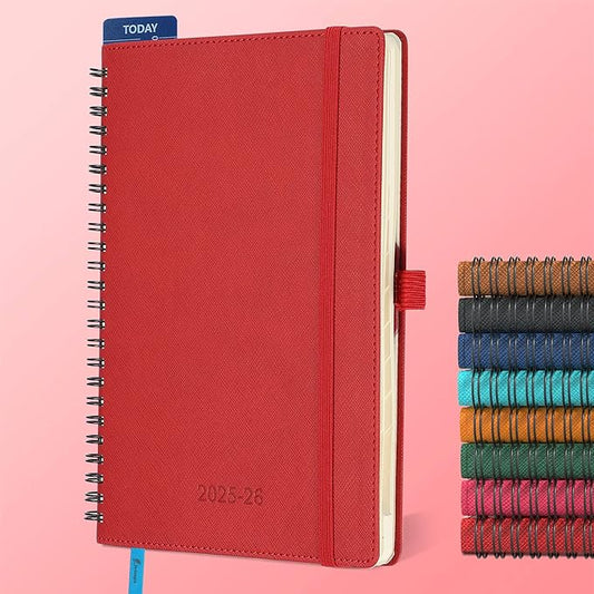 Planner 2025-2026 Daily Weekly and Monthly,8.5"x6.5",18 Months Spiral Bound Calendar Agenda with Self-adhesive Pen Holder,2026 Academic Plan with Vegan Leather Soft Cover,Red