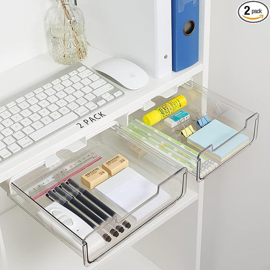 2 Pack Self Adhesive Under Desk Drawer Slide Pull Out, Clear Acrylic Shelf Storage Organizer, Attachable Hanging Mounted Plastic Attachment For Office Kitchen, Cabinet, Table, Counter, Increase Space