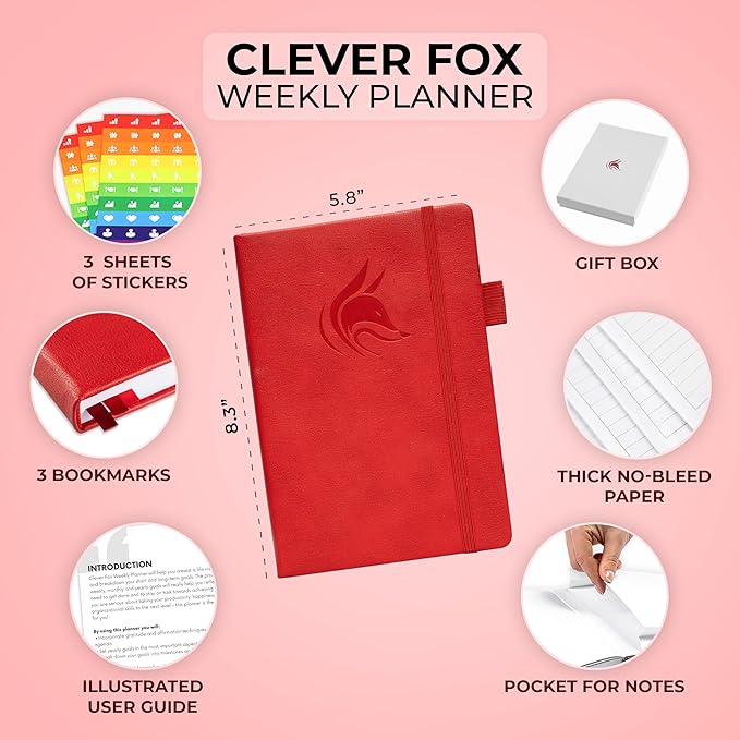 Clever Fox Planner – Undated Weekly & Monthly Planner for Productivity, Time Management & Goals – Organizer Journal – A5 (Red)