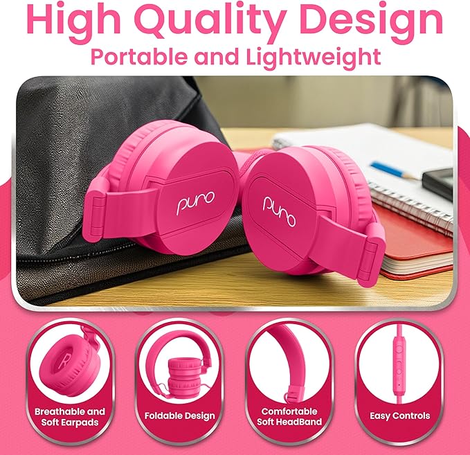 Puro Sound Labs PuroBasic Kid Headphones with Cord - Volume-Limiting & Adjustable with Microphone – Compatible with Smartphones, Tablets, PCs, and More – Safe, Durable Headphones for Kids – Pink