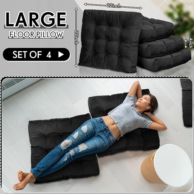 Jerify 4 Pcs Floor Pillow Cushions 22 x 22 Inch Round Square Large Meditation Floor Pillow for Classroom Adult Meditation Picnic Party Cushion for Seating Gift Christmas(Black,Square)