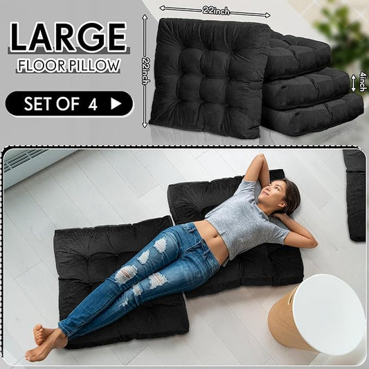 Jerify 4 Pcs Floor Pillow Cushions 22 x 22 Inch Round Square Large Meditation Floor Pillow for Classroom Adult Meditation Picnic Party Cushion for Seating Gift Christmas(Black,Square)
