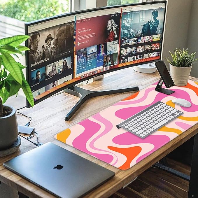 iCasso Large Mouse Pad (35.4x15.7 in), Desk Mat Gaming Mousepad with Stitched Edges, Keyboard Mouse Mat Desk Pad for Work, Game, Office, Home-Pink Topographic