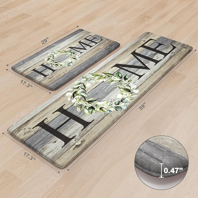 KIMODE Anti Fatigue Kitchen Mats, Farmhouse Kitchen Rugs Sets of 2, Non Slip Kitchen Mats for Floor, Cushioned Kitchen Floor Mats for Sink, Laundry, Office, Desk Grey 17"x59"+17"x29"