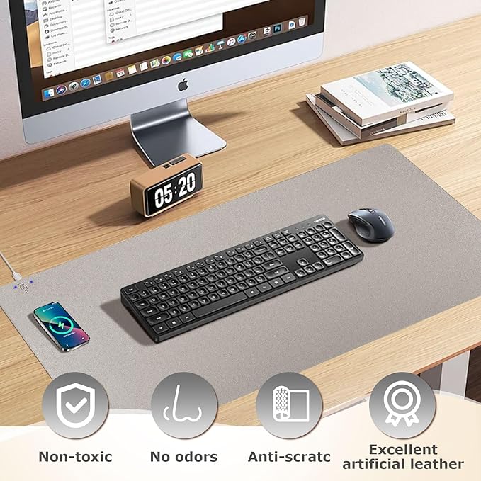 Wireless Charging Mouse Pad Firelison 2 in 1 Leather Multifunctional Office Desk Pad with Non-Slip Rubber Base, Waterproof Desk pad for Computers/Office/Work/Home/Decor（ 32" x 16"Grey - L）