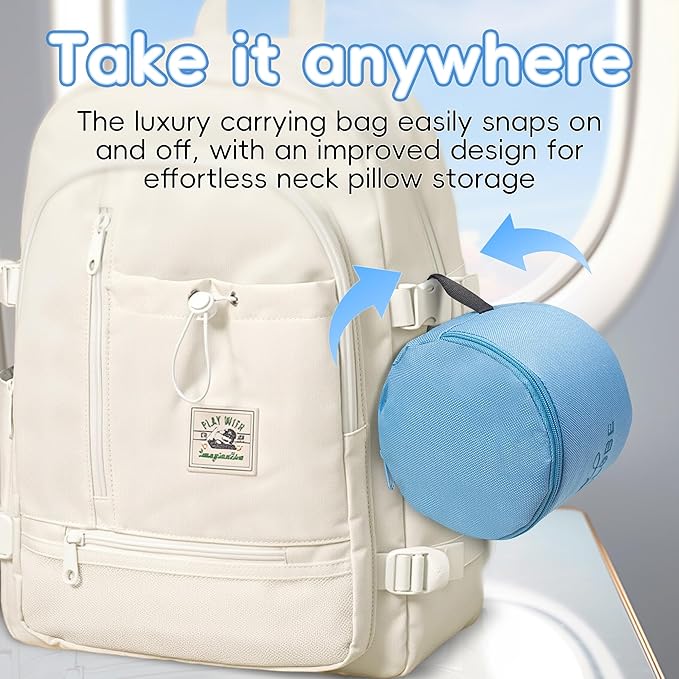 Proglobe Junior Kids Travel Neck Pillow - Ergonomic Memory Foam Pillow for Airplane, Car, Booster Seat - Soft, Washable, Compact Travel Pillow with Strap - Light Blue - Ages 4–13