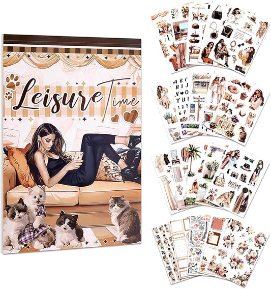 AVECMOI Casual Themed Scrapbook Stickers for Women, Aesthetic Journaling Stickers with 251 Images, Paper & PET & Washi Tape Sticker for Planners, Bullet Journal, Mixed Media Art (Brown)