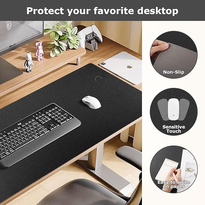 Wireless Charging Mouse Pad Firelison 2 in 1 Leather Multifunctional Office Desk Pad with Non-Slip Rubber Base, Waterproof Desk pad for Computers/Office/Work/Home/Decor（ 36" x 17"Black - R）